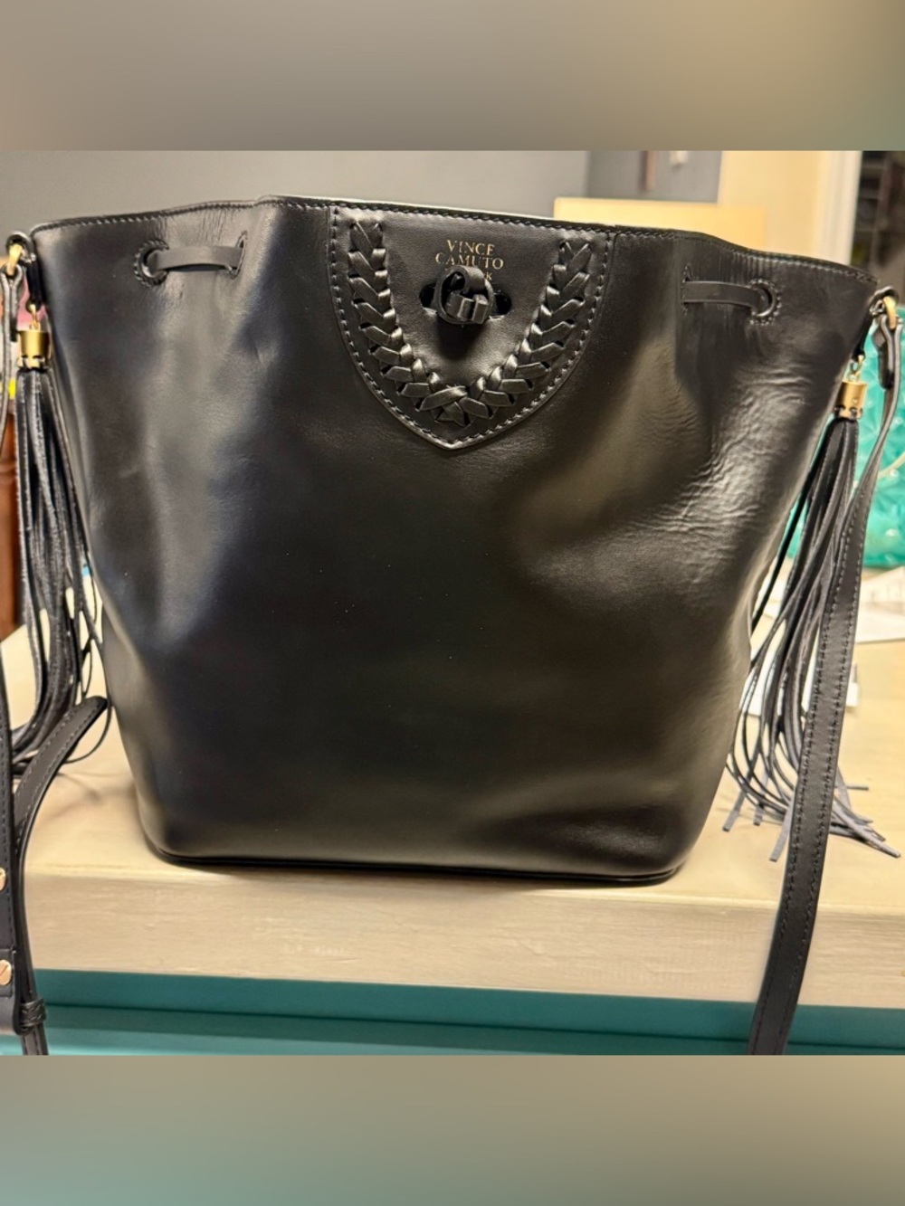 Vince Camuto Black Leather Drawstring Hobo Bucket Bag Gold Stamp With Tassels